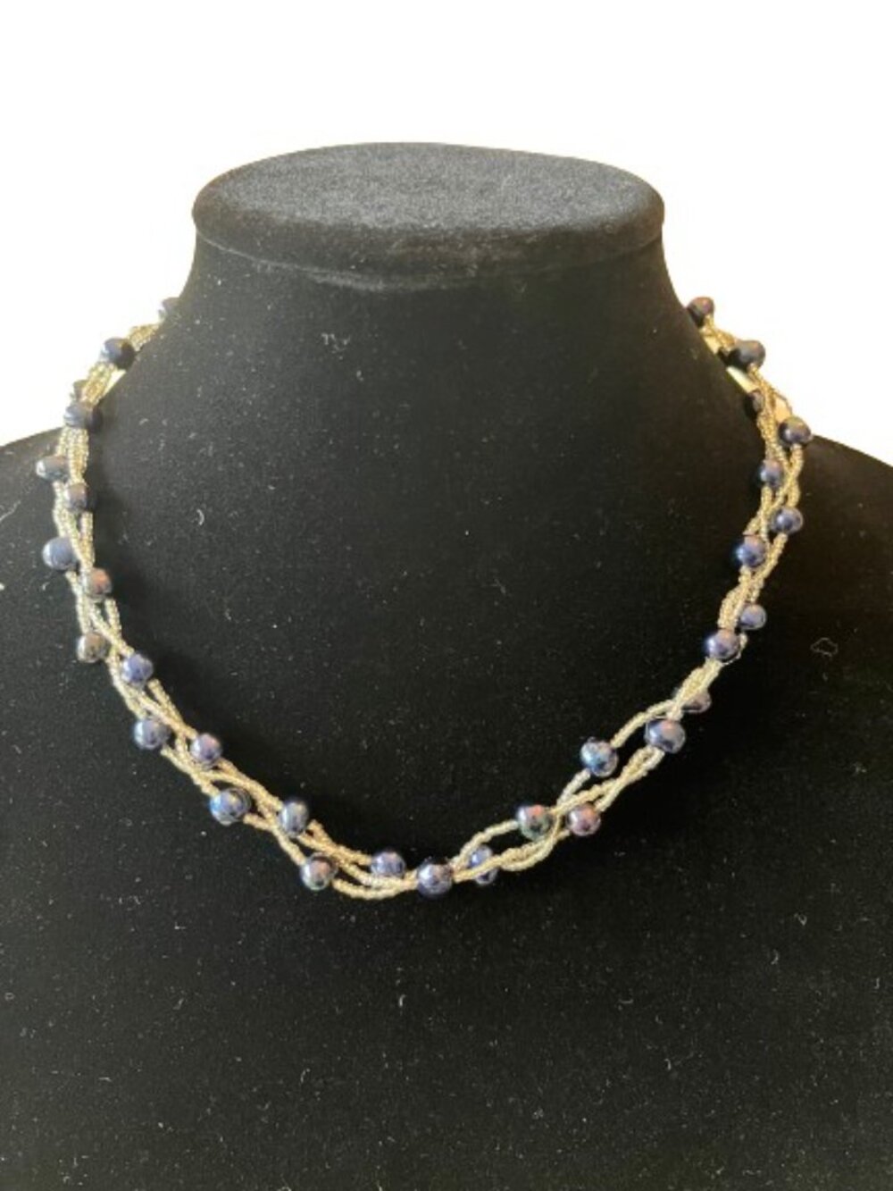 Navy Freshwater Pearl Layered Necklace Sea Glass Beaded 18” NWT Box